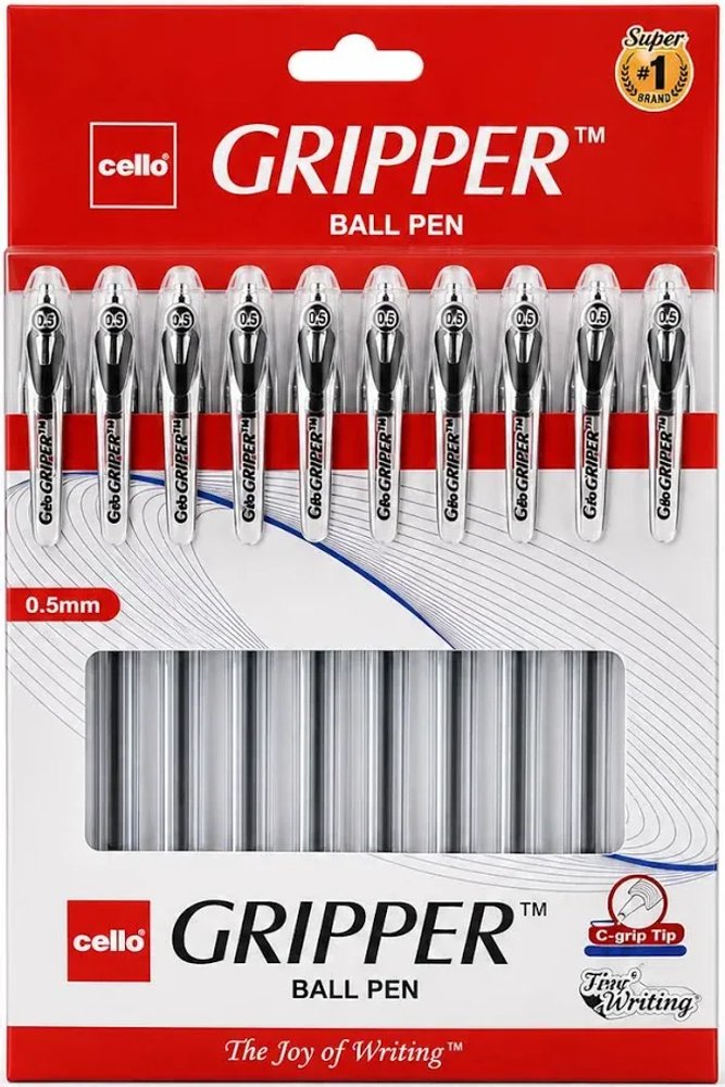 Cello Gripper Ball Pen 0.5mm Black Ink | Pack of 10 | Smooth Writing Pen with Elasto Grip | School, Office & Exam Stationery