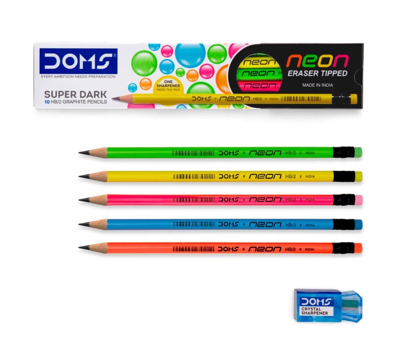 DOMS Neon Pencil • Super Dark • Satin Smooth Finish • 5 Vibrant Neon Colors • Easy to sharpen • Eraser Tipped