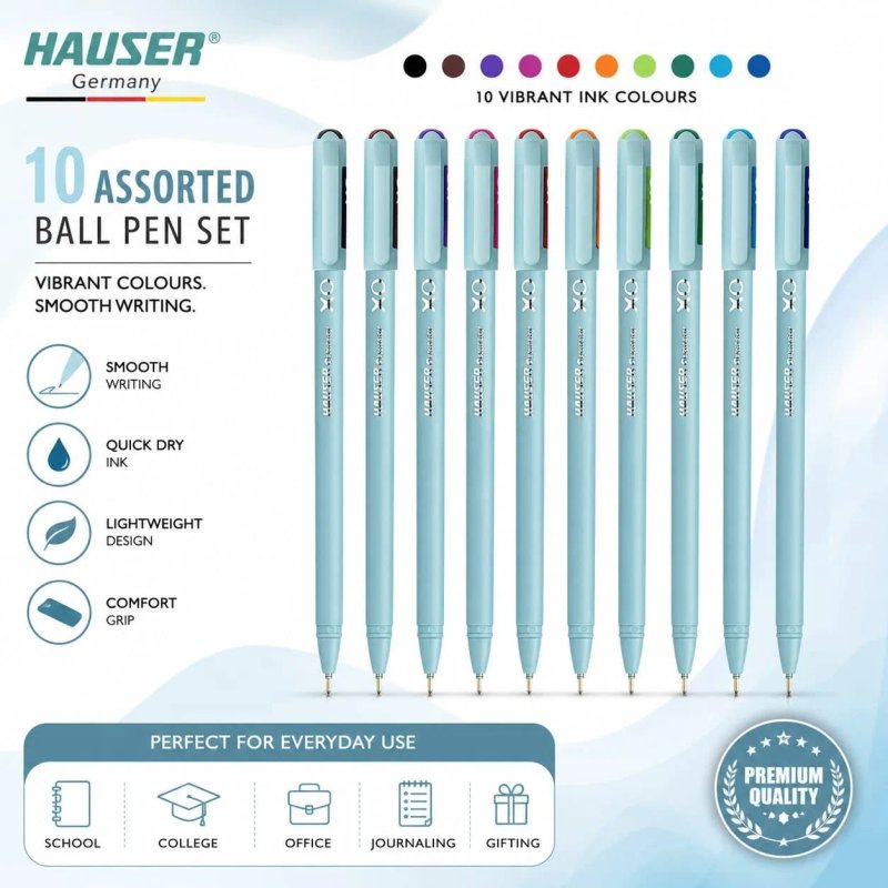 Hauser XO 0.7mm 10 Vibrant Ink Multicolor Ball Pen Set Blister Pack of 1| Smooth Ink Flow | Minimalistic Pastel Body, Comfortable Grip |